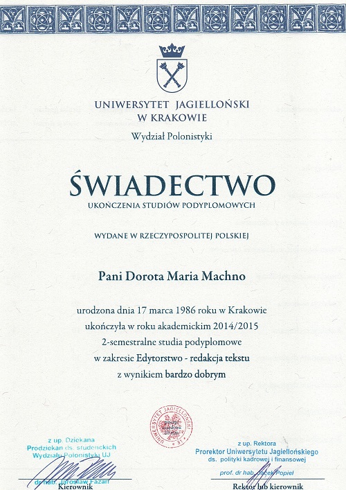 Dyplom edytorstwo -  Dorota Machno Logopeda Kraków