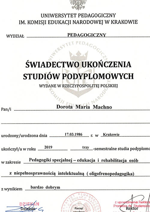 Dyplom - oligofrenopedagogika - Dorota Machno Logopeda Kraków 