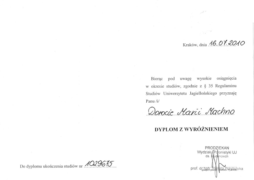 Wyróznienie - Filologia Polska - Dorota Machno Logopeda Kraków 